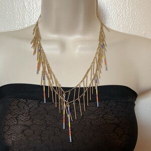 Steve Madden Rainbow Crystals Paved Bars Double Layered Fringed Necklace Sassy